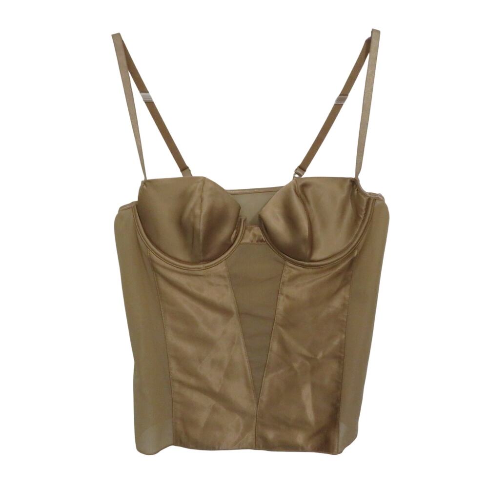 Frederick's of Hollywood Womens Sz L Gold Satin Bustier Top Sheer Panels
